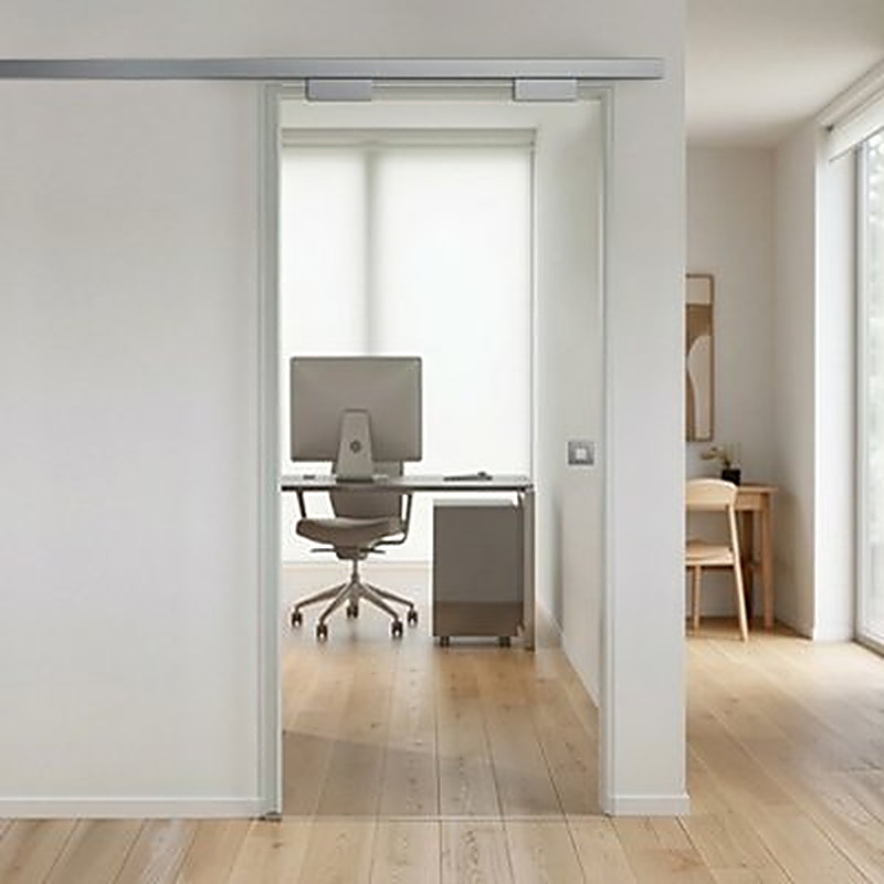 Porta scorrevole in vetro trasparente con decoro Fluid